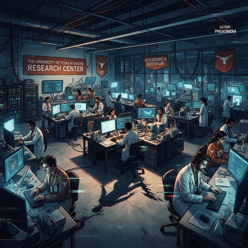The researchers continue their analysis, unaware of the subtle 'latency' creeping into the physical space around them.