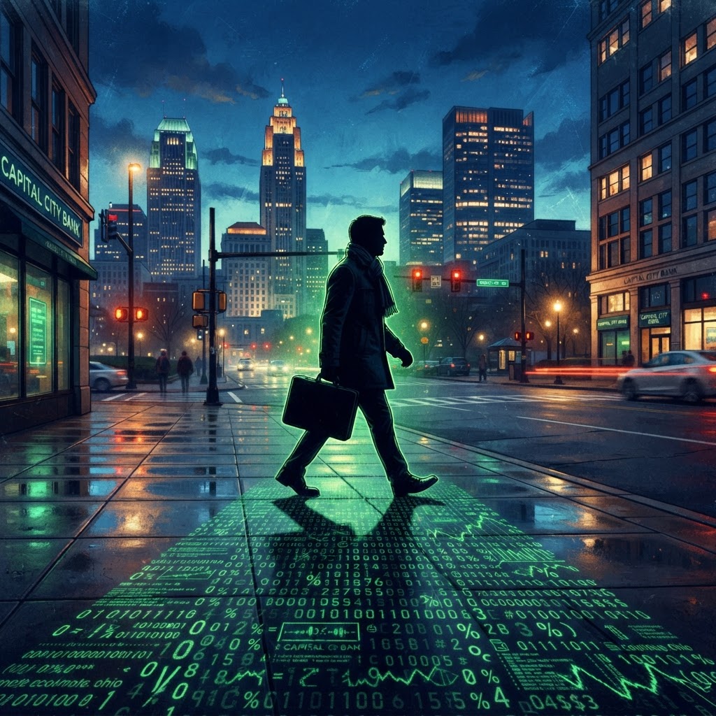 Citizens walk the streets of Columbus, unknowingly integrated into a systemic economic framework that defies physical logic.