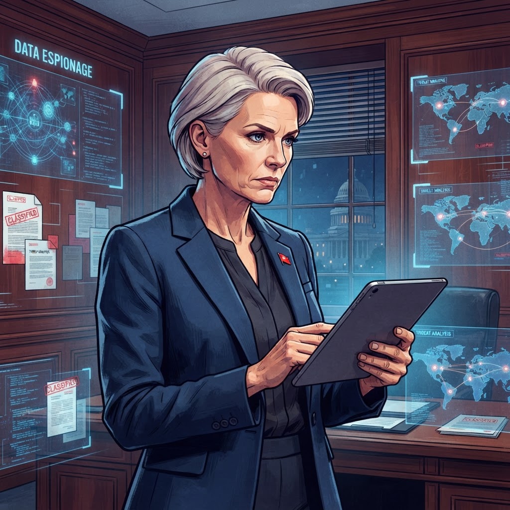 Senator Evelyn Reed reviews intelligence reports regarding the 'Coherence Matrix' at a private congressional briefing.