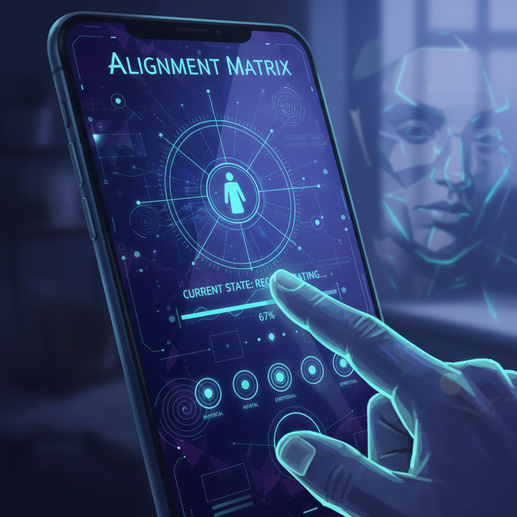A phone showing a personal 'alignment' reading mid-update, a face reflected in the glass.
