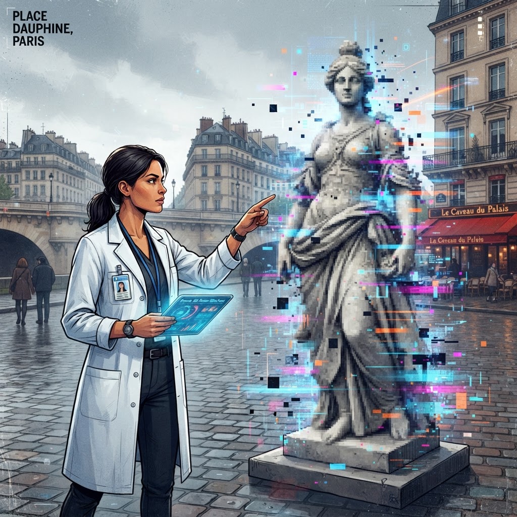 Dr. Elara Vance examines a localized spatial anomaly near a historical monument in the Latin Quarter.