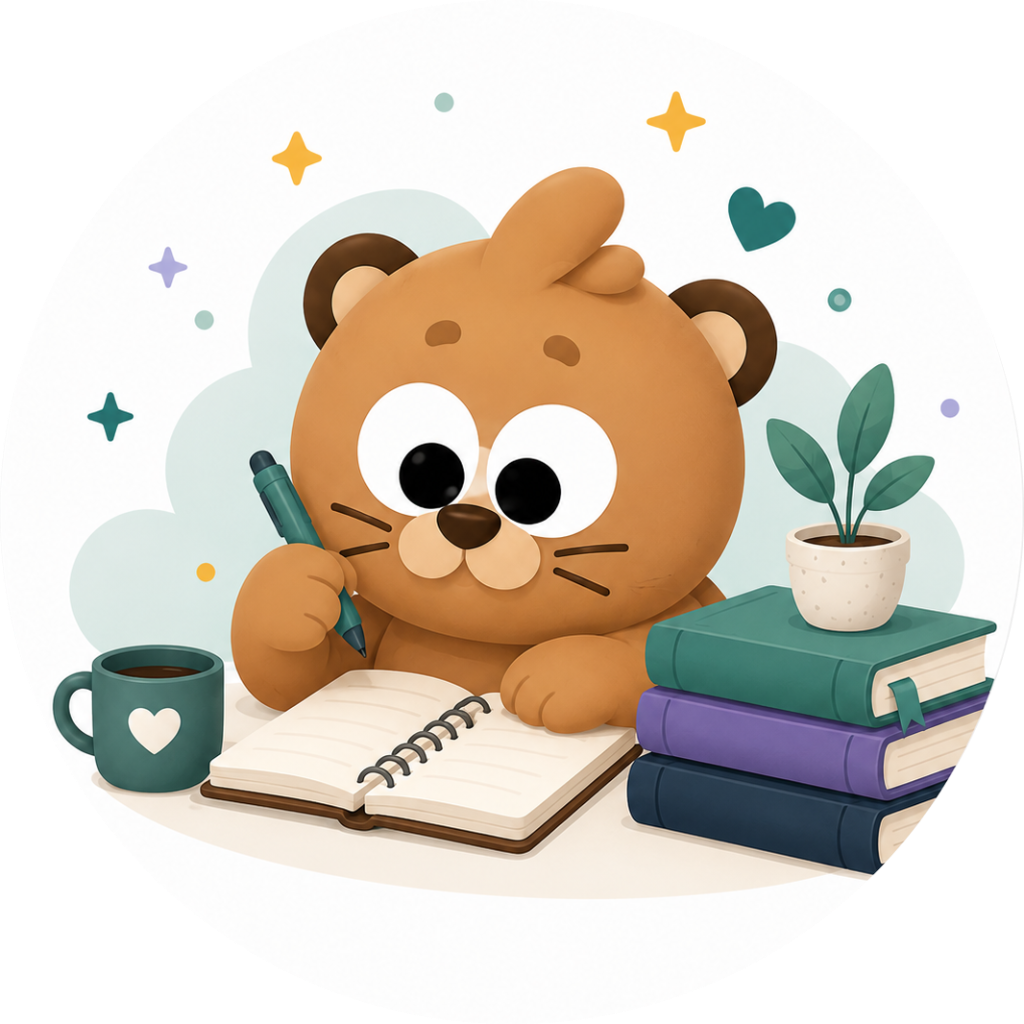 A bear writing in a notebook next to a stack of books