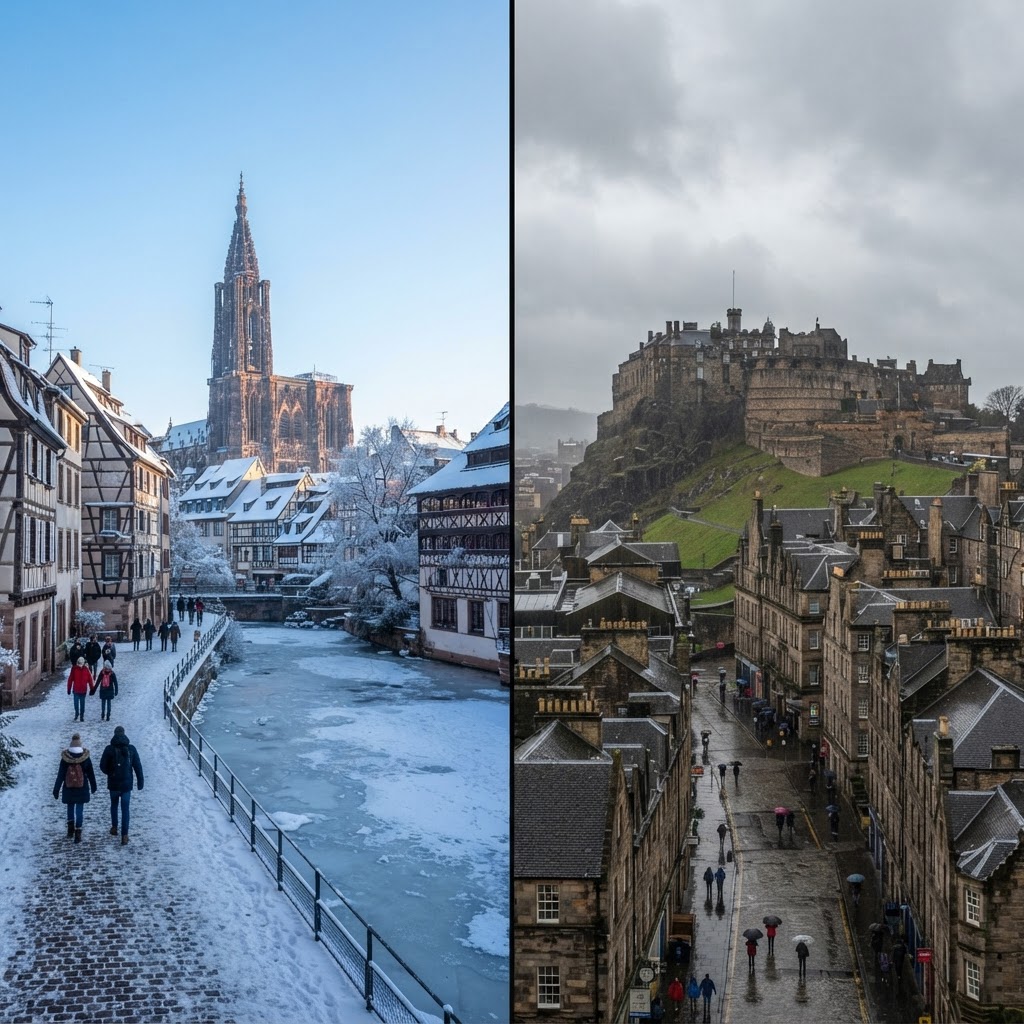 Strasbourg and Edinburgh in winter. The label assumes the hard continental freeze on the left; most British heat pumps spend their winters in the mild, damp grey on the right.