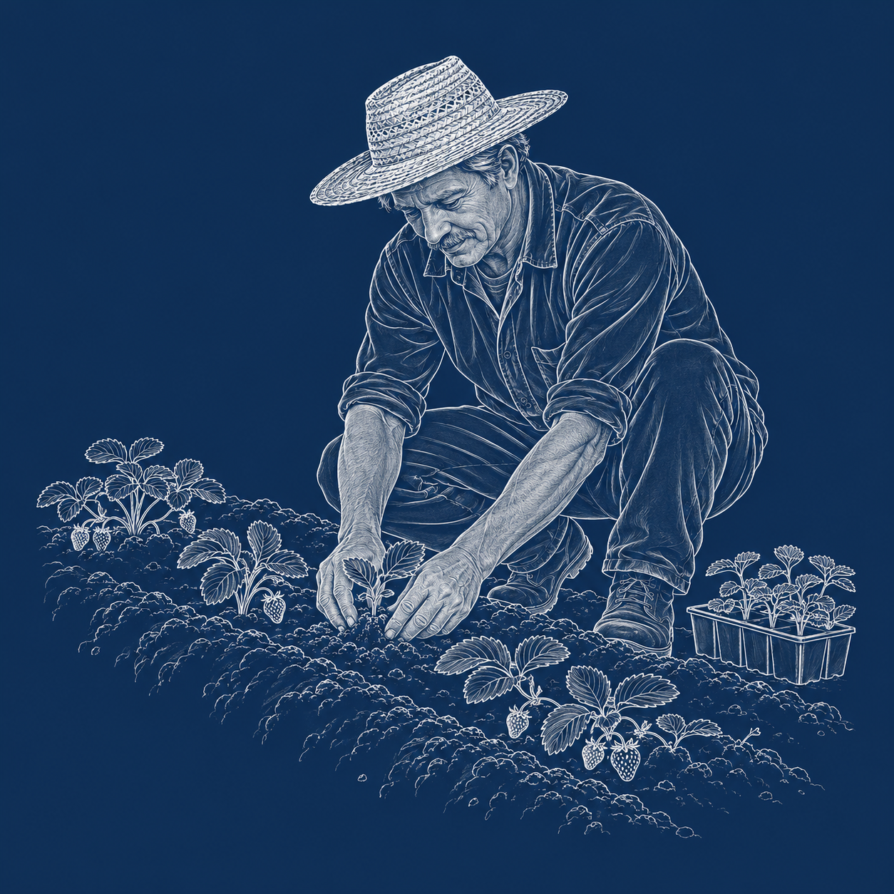 Seu João plantando morangos
