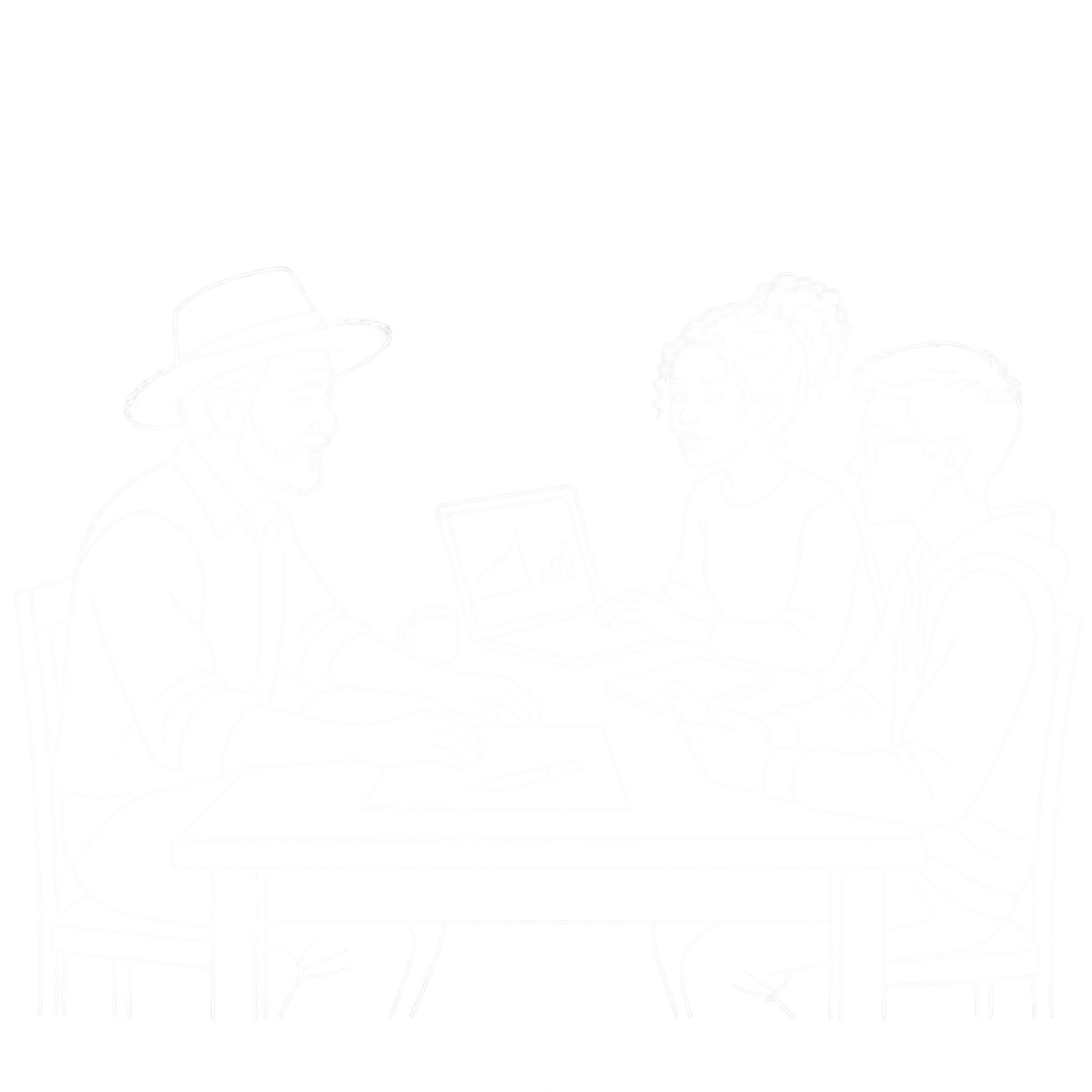 Seu João, Lia e Téo à mesa da cozinha