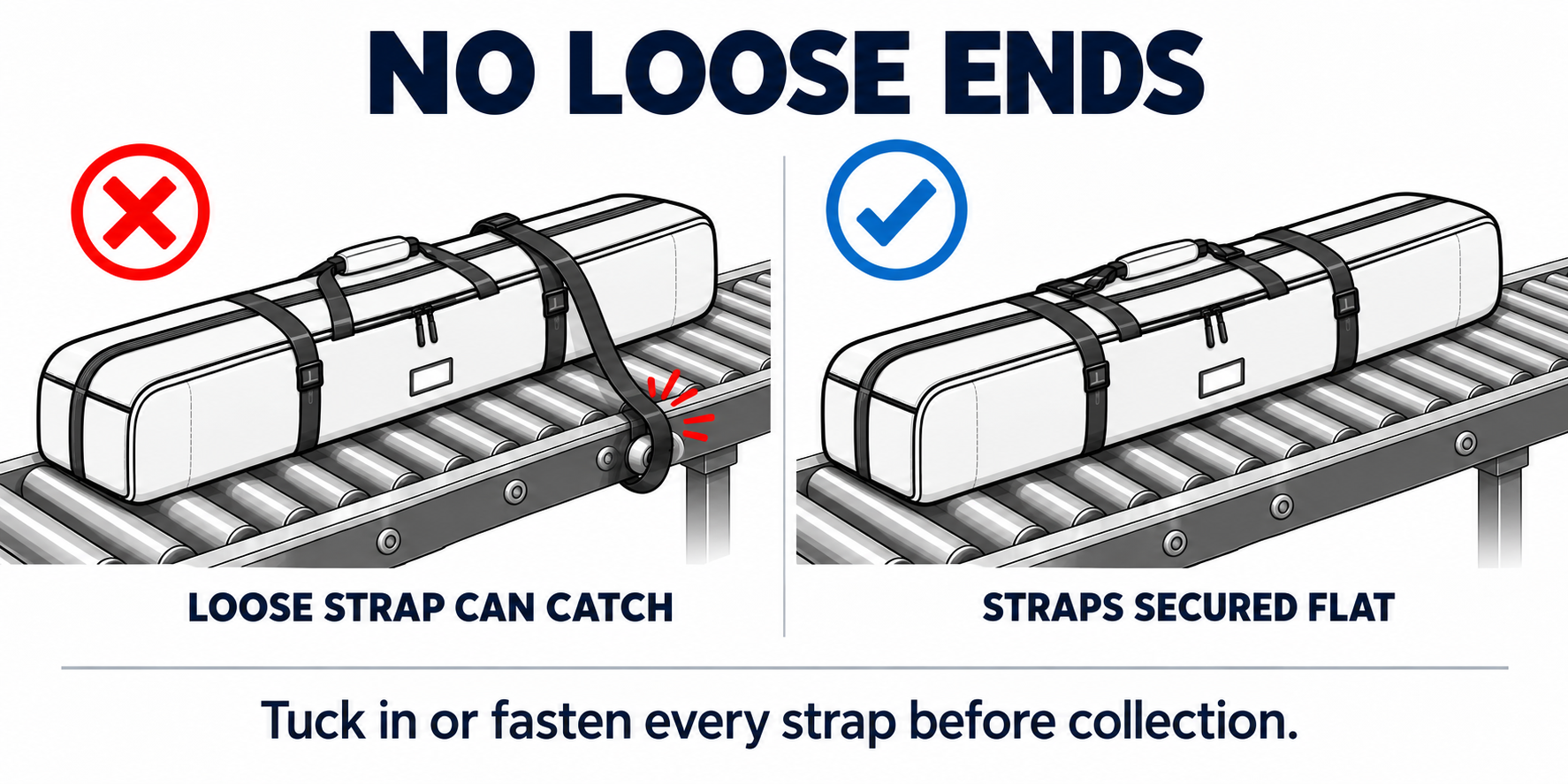 No loose ends: loose strap catching on a conveyor versus straps secured flat