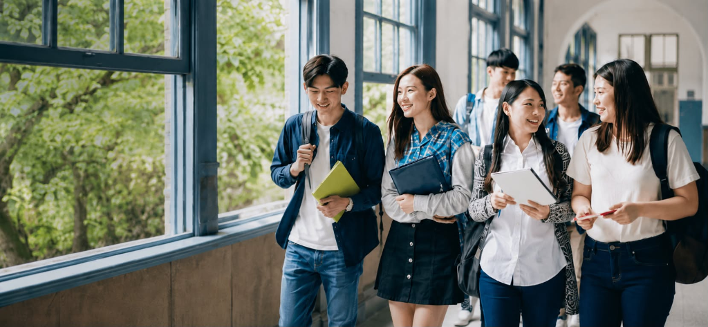 Students walking through campus hallway