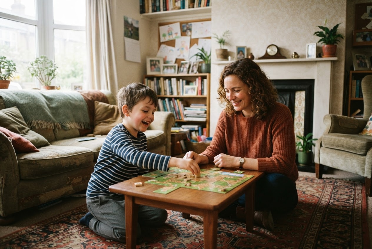 A helper playing with a child at home