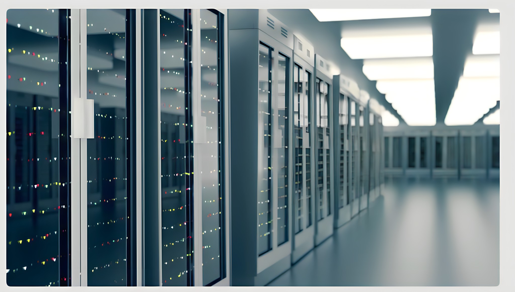 Data centre server room corridor with illuminated server racks
