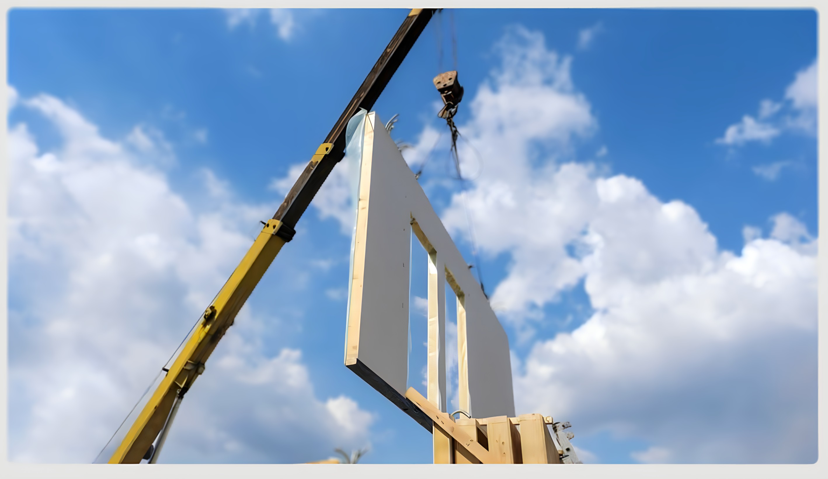 Prefabricated modular wall panel suspended by crane against a clear sky