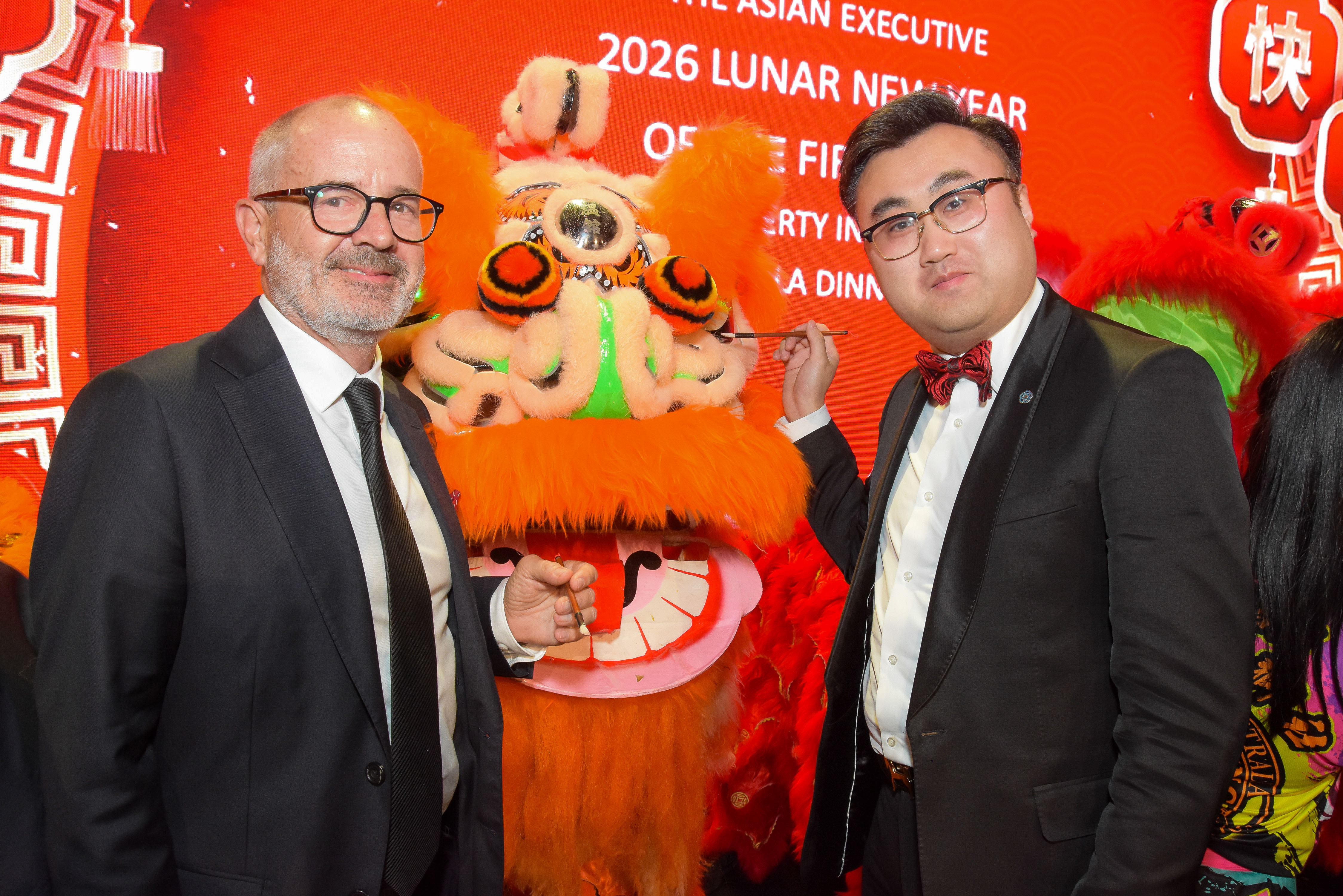 Eye-dotting ceremony with lion dance head at the 2026 Lunar New Year Gala