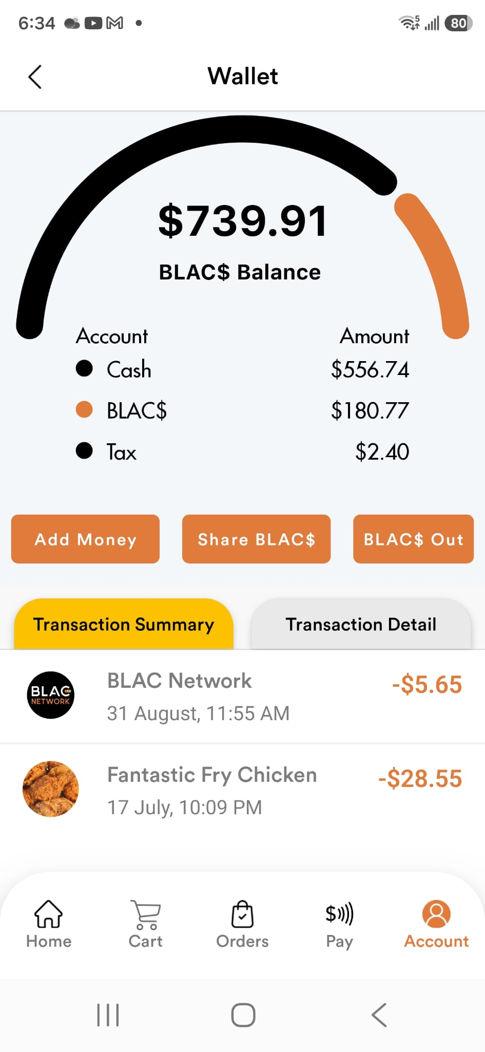 PayBLAC wallet app screen