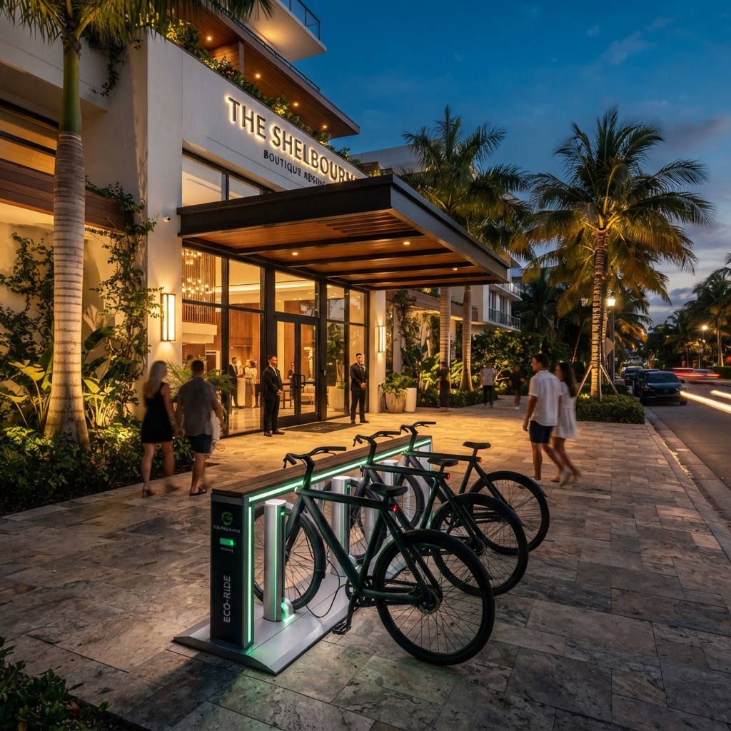 Hotel entrance with EcoPilot charging and docking station holding four electric bikes