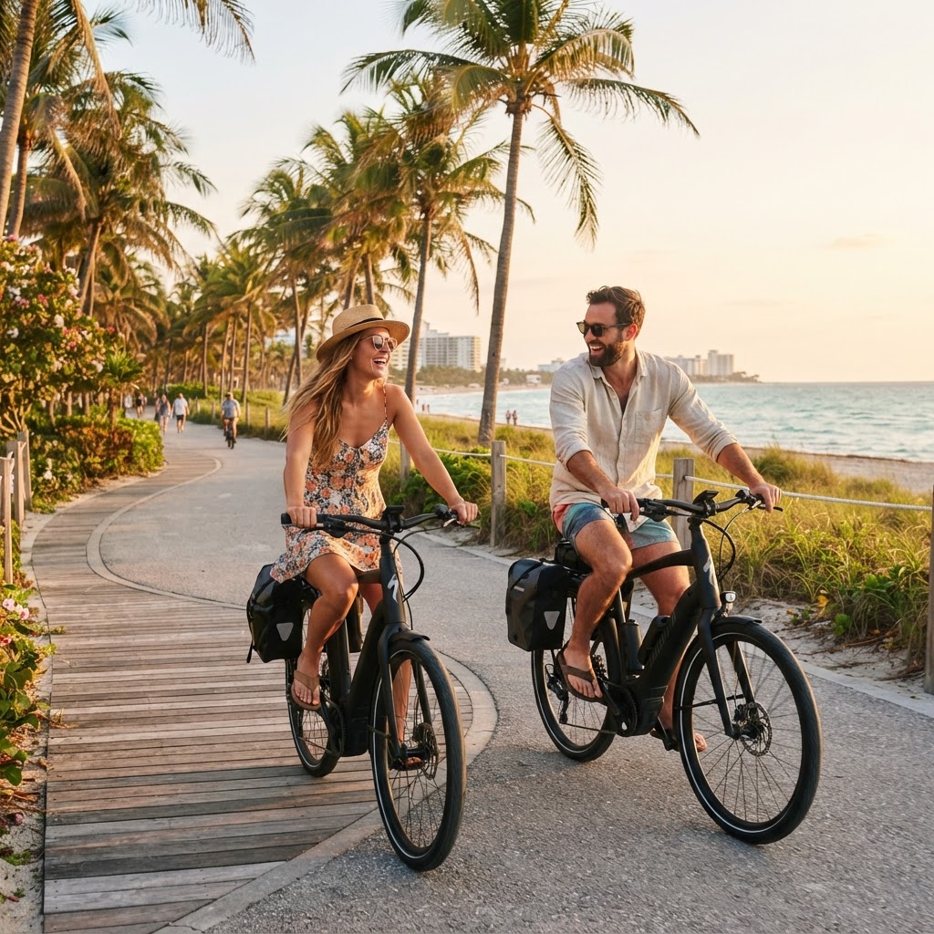 Couple riding premium e-bikes on a South Florida beach path