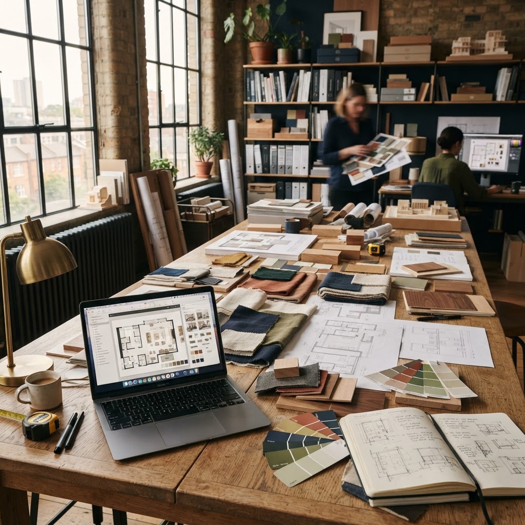 Mesa de trabajo de diseño interior con moodboard, muestras de materiales y planos