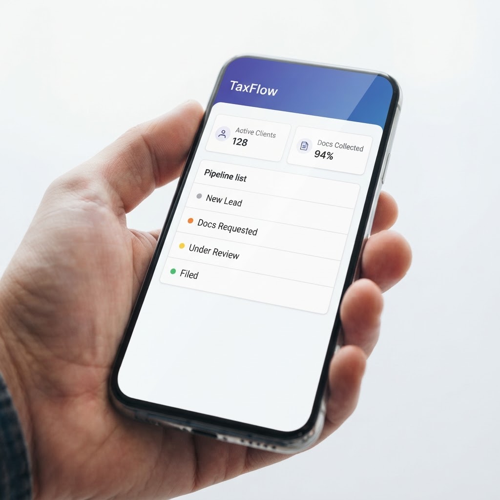 TaxFlow app dashboard on a phone held in a hand