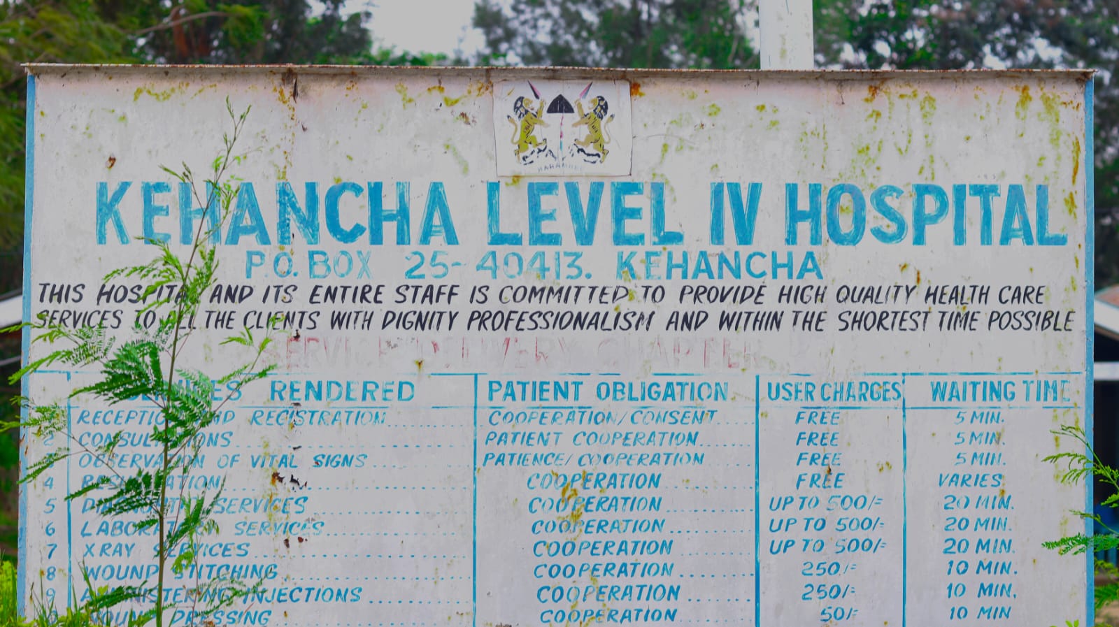 Service delivery charter at Kehancha Level IV Hospital