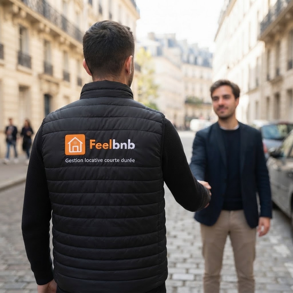 Concierge Feelbnb vu de dos avec logo sur le blouson sans manches, poignée de main