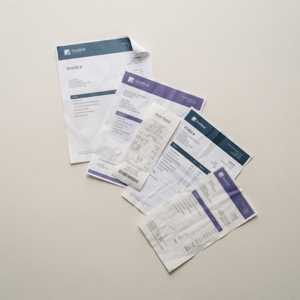 A batch of paper invoices ready for upload