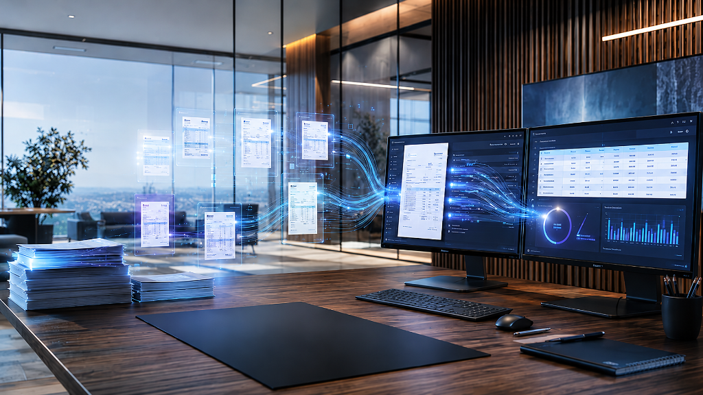A modern accounting office where paper invoices flow as digital data toward glowing monitors