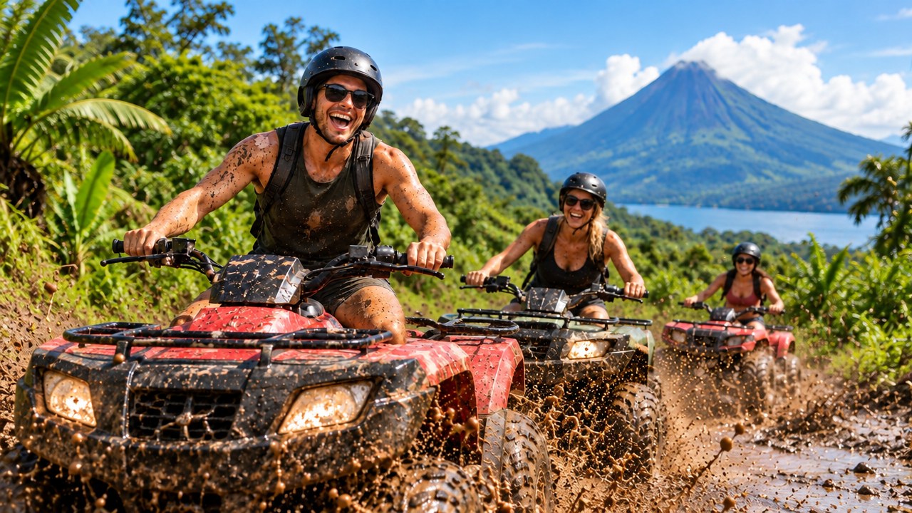 Three riders on ATVs on a jungle trail with a volcano behind them
