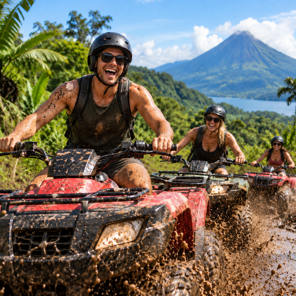 Three riders on ATVs on a jungle trail with a volcano behind them