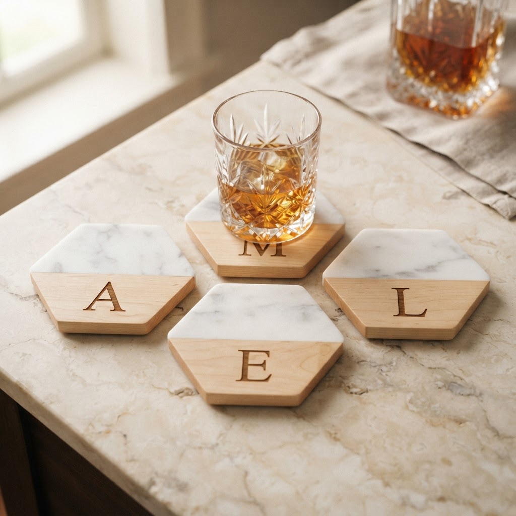 Marble & Wood Coaster Set