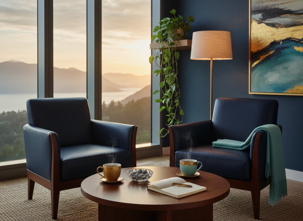 Wellness coaching session overlooking a mountain landscape at sunset