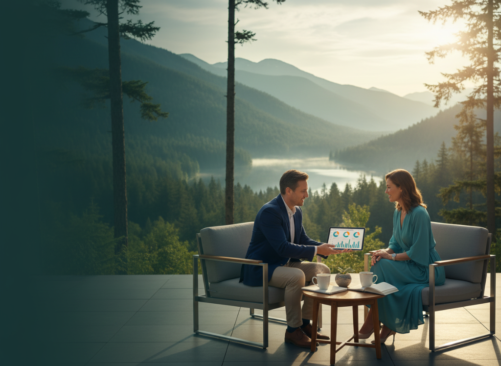 Outdoor wellness coaching consultation overlooking a misty mountain lake