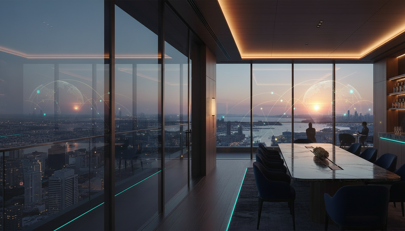 Executive boardroom at dusk with a global connection overlay — WorldWellness® brand partner program