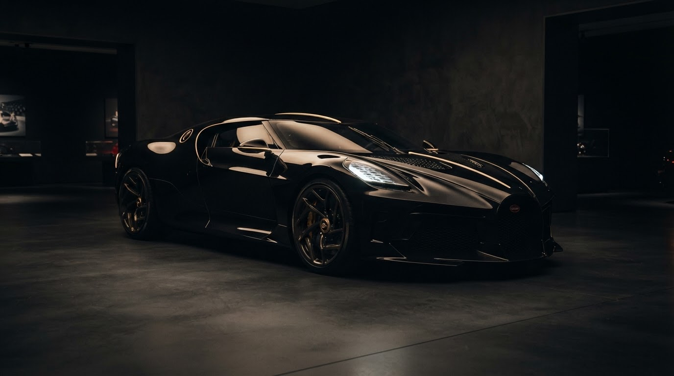 Dark luxury exotic car in a dim gallery lit by warm brass light