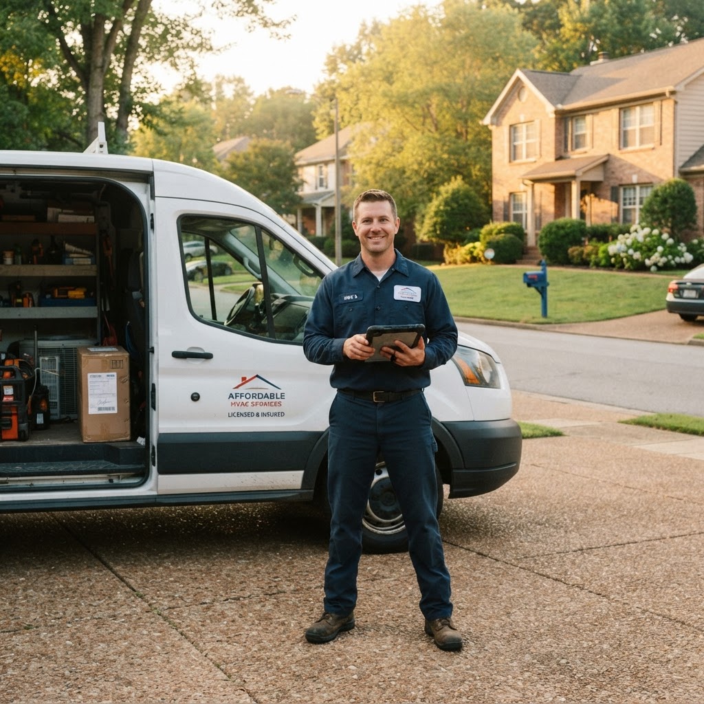 HVAC technician with service van at a residential home