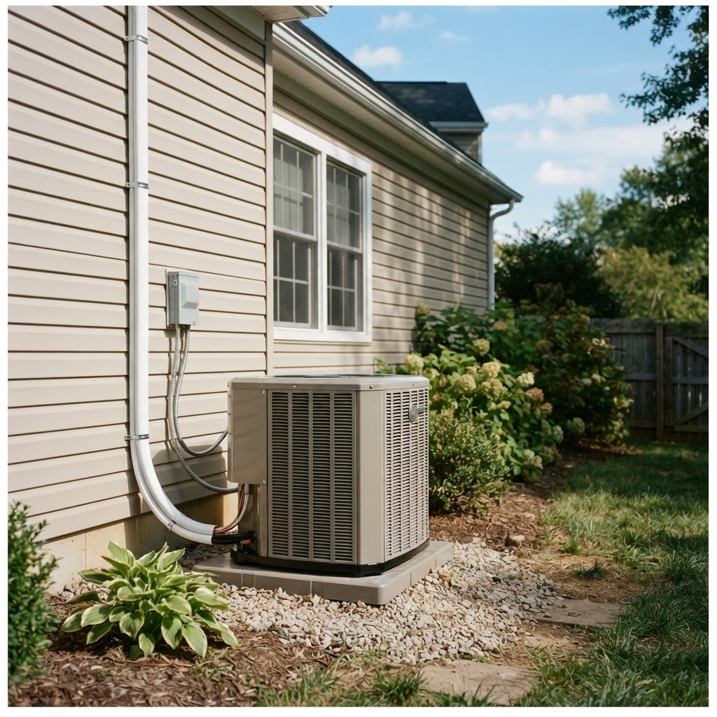 Newly installed residential HVAC condenser unit, completed job