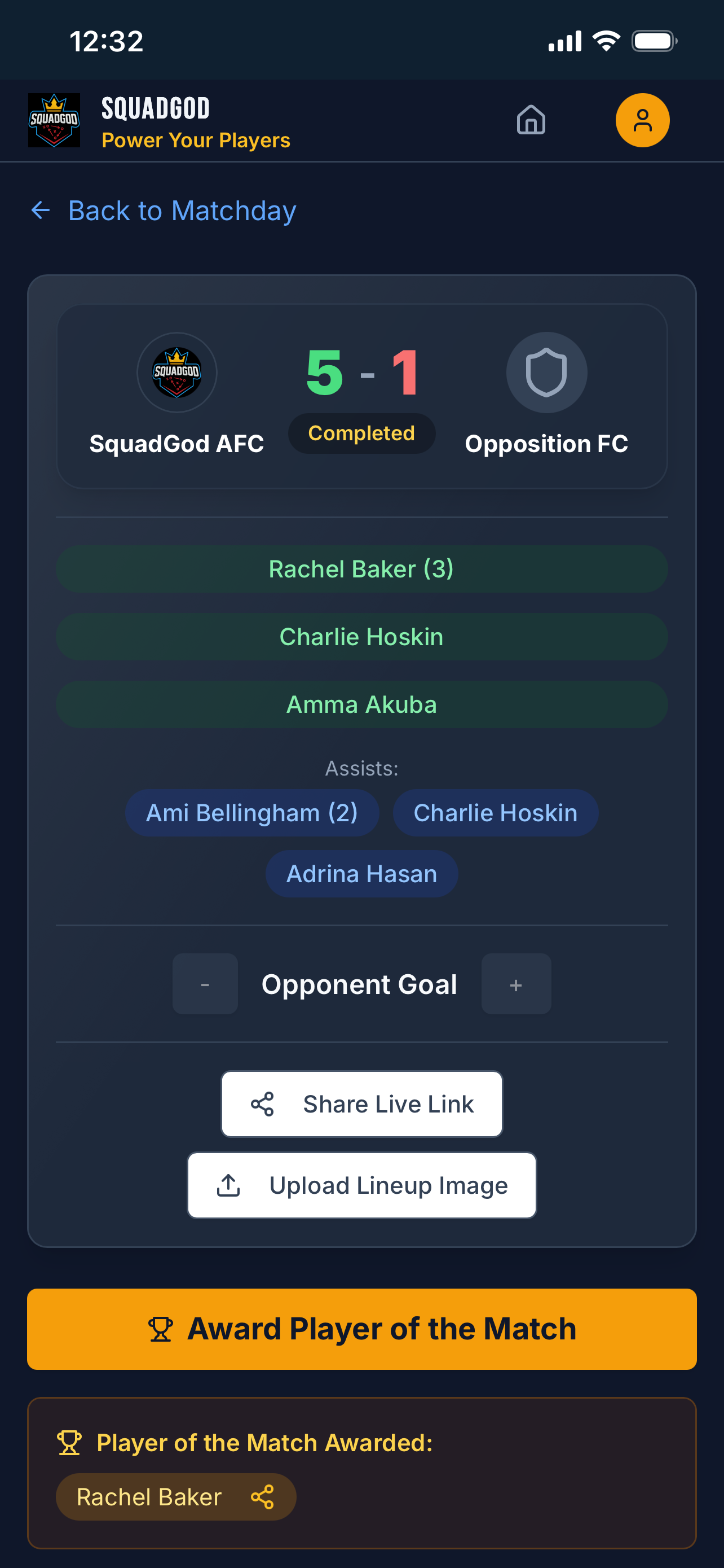 Post-match football report showing score, scorers, assists and Player of the Match award in the SquadGod app