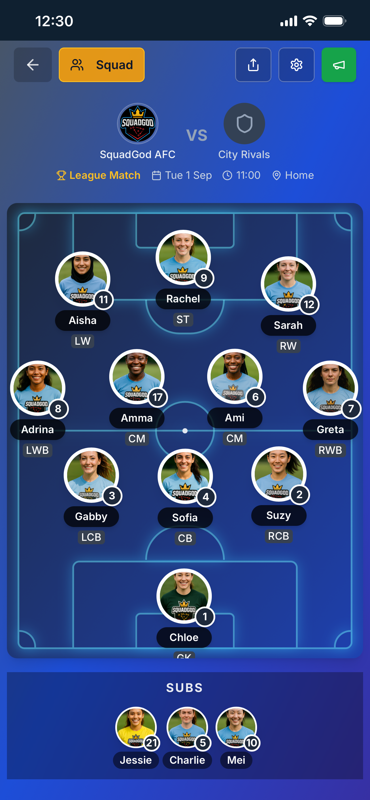 SquadGod football lineup builder on a glowing pitch with player positions