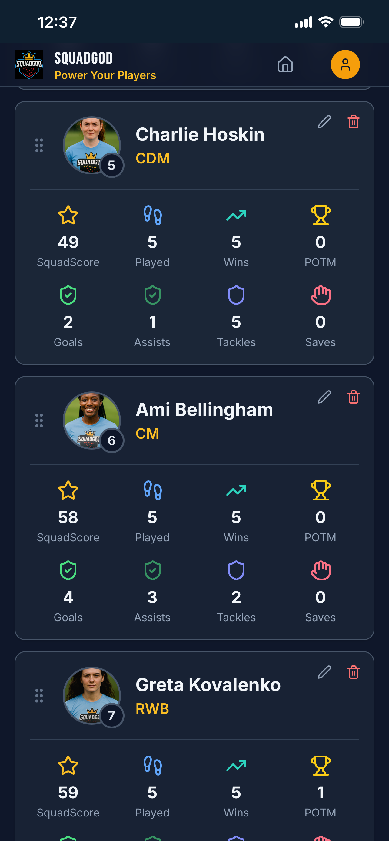 SquadGod squad list with player stats and SquadScore