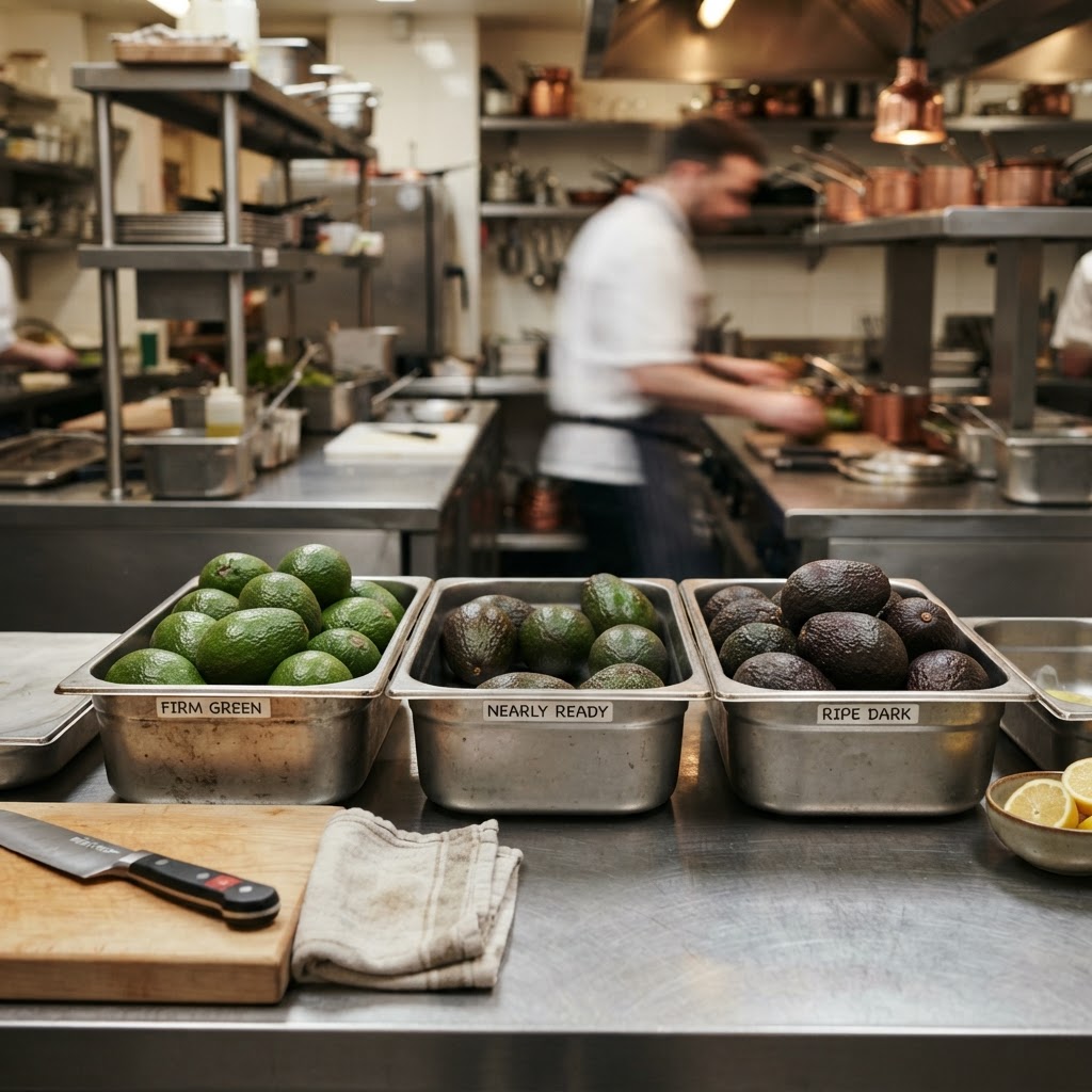 Avocados separated by ripeness in a professional restaurant kitchen
