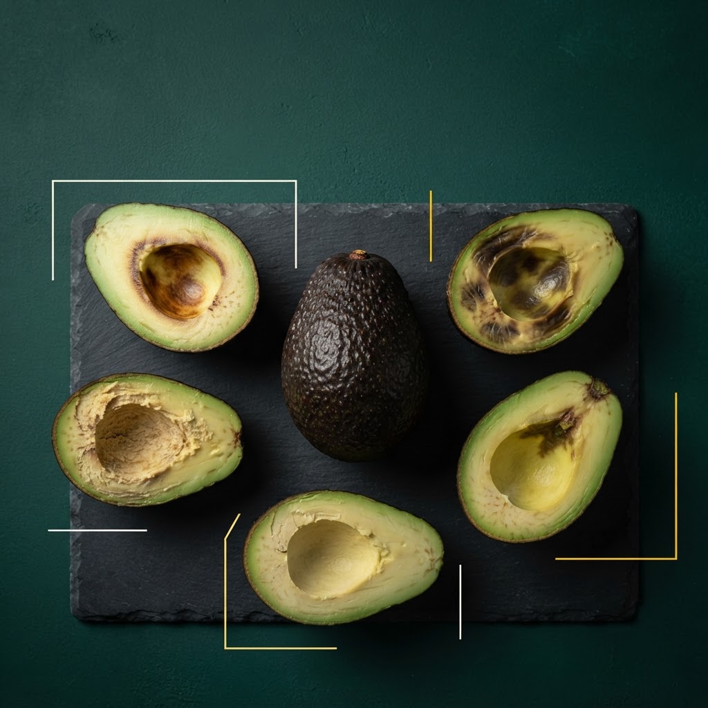 Five common Hass avocado defects shown beside a perfect avocado