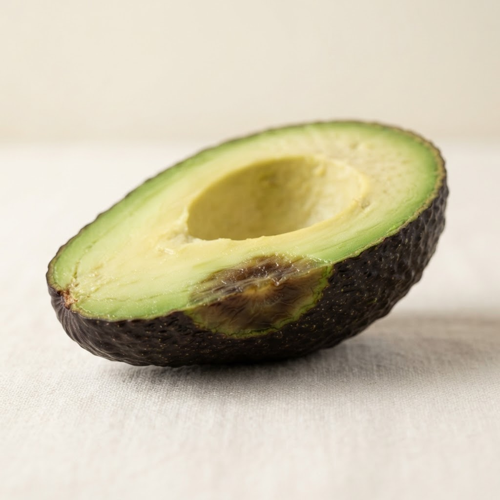 Bruised avocado with dark internal flesh damage