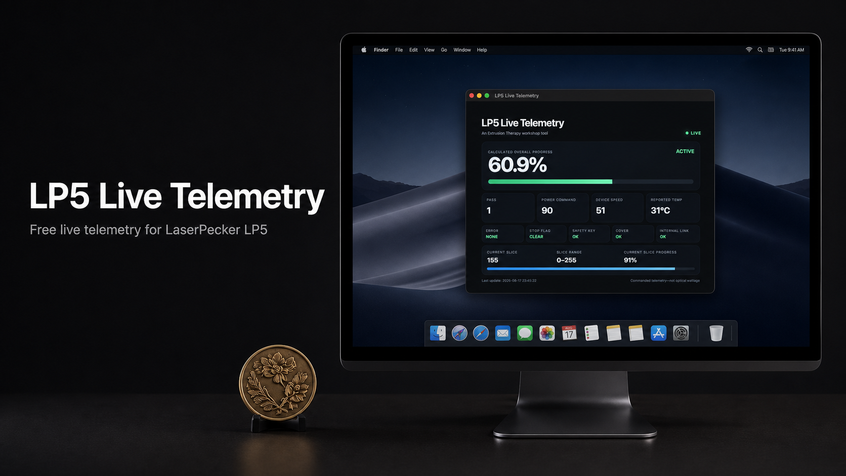 LP5 Live Telemetry desktop application showing live calculated job progress, slice data, and machine status on a macOS monitor
