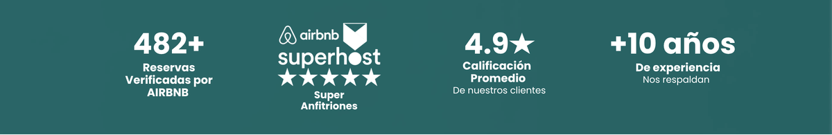 482+ reservas verificadas por Airbnb, Superhost, 4.9 de calificación promedio, +10 años de experiencia