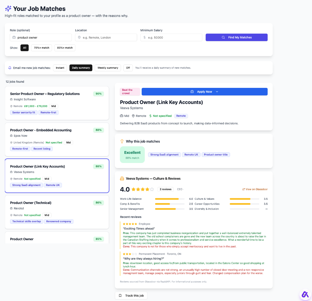 Job Matches dashboard