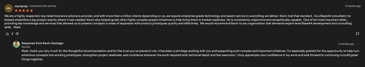 Mark Josipovich’s five-star Base44 recommendation of Kevin Santiago, followed by Kevin’s reply
