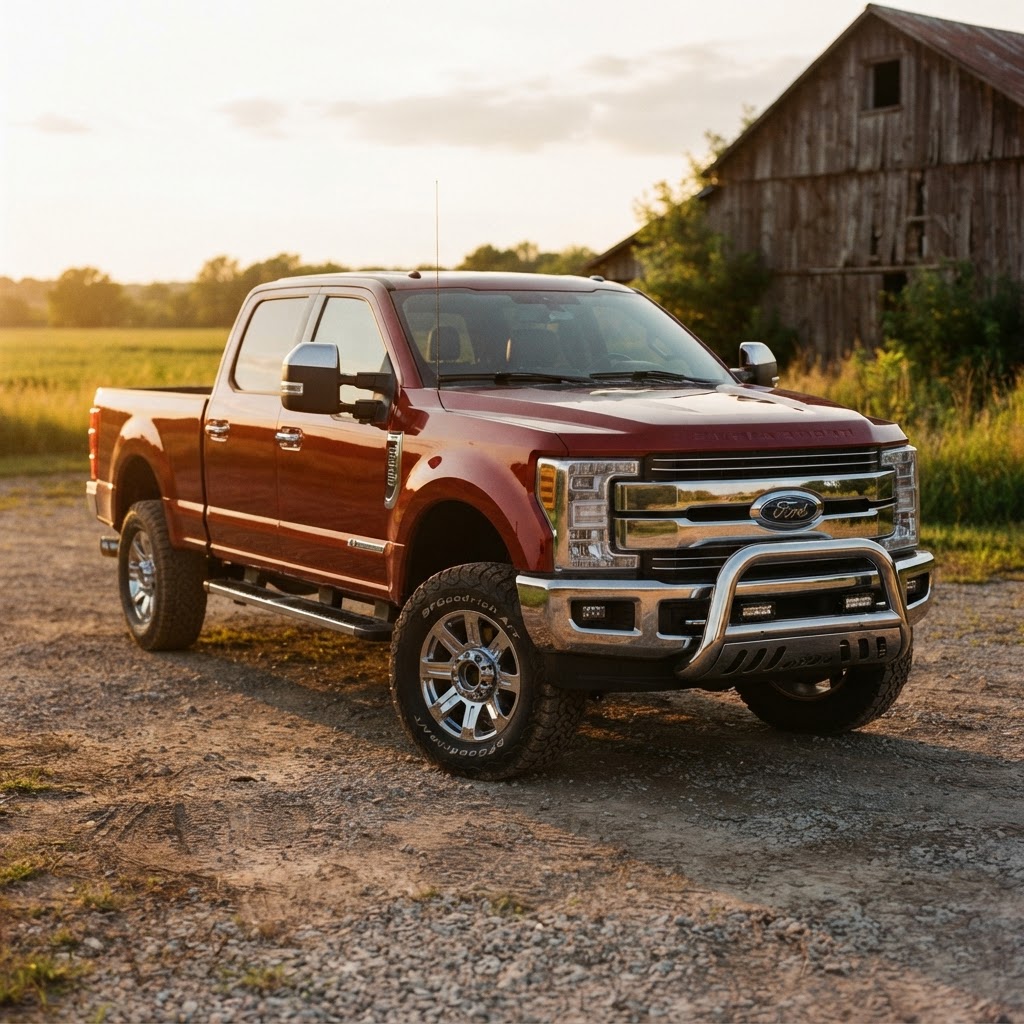Lifted pickup truck parked at golden hour