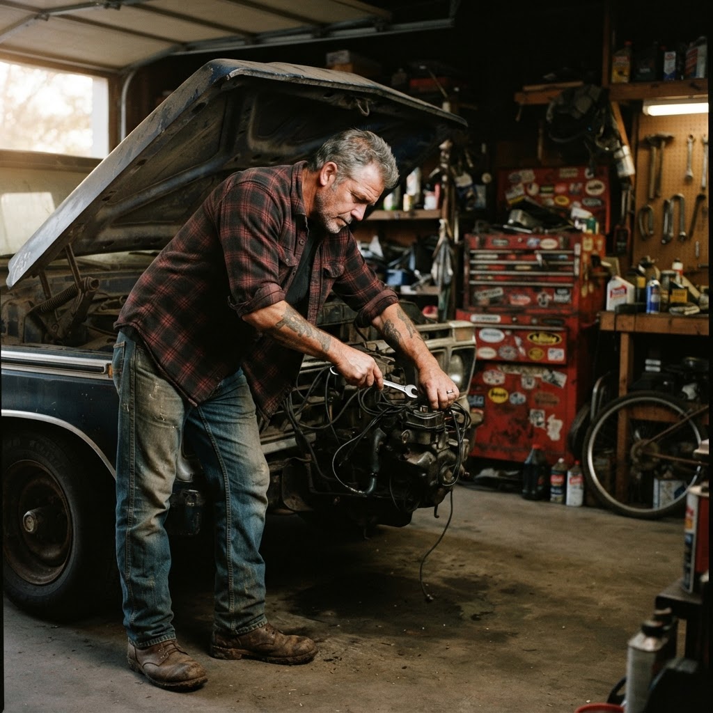 Truck owner working on his pickup in the garage