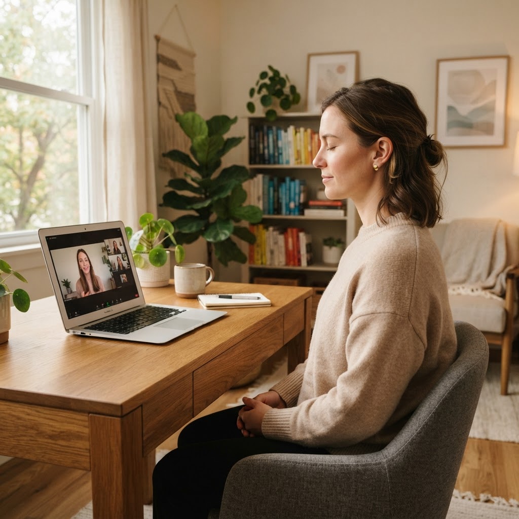Someone joining an online mindfulness session on a laptop