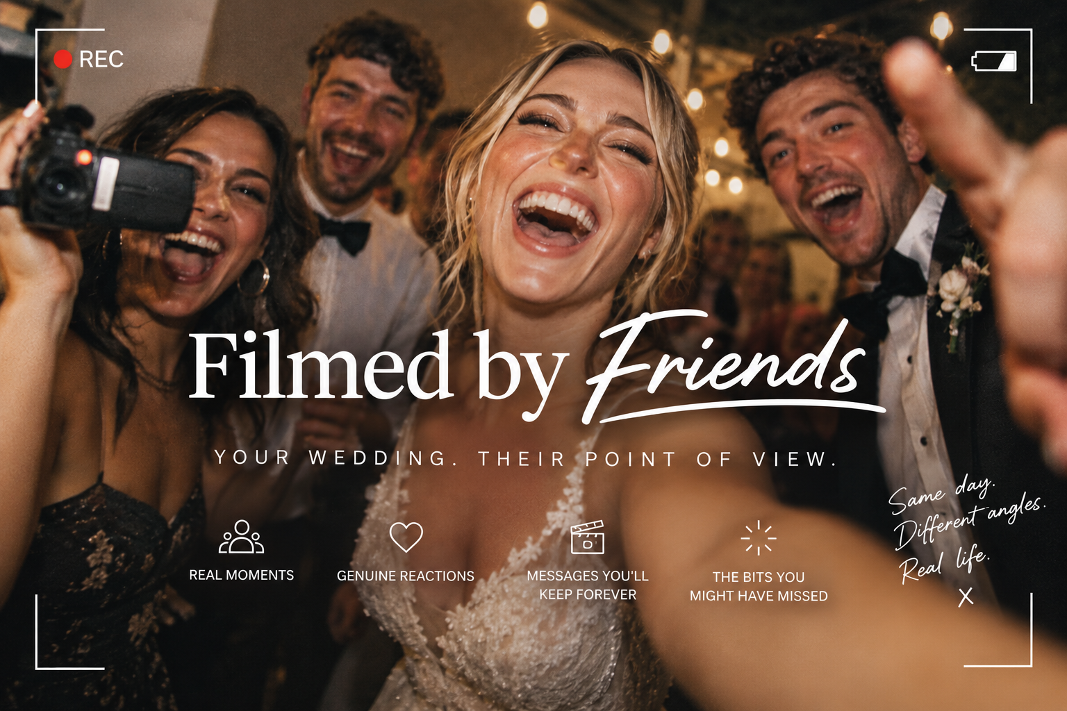 A wedding filmed by friends, framed through a camera viewfinder