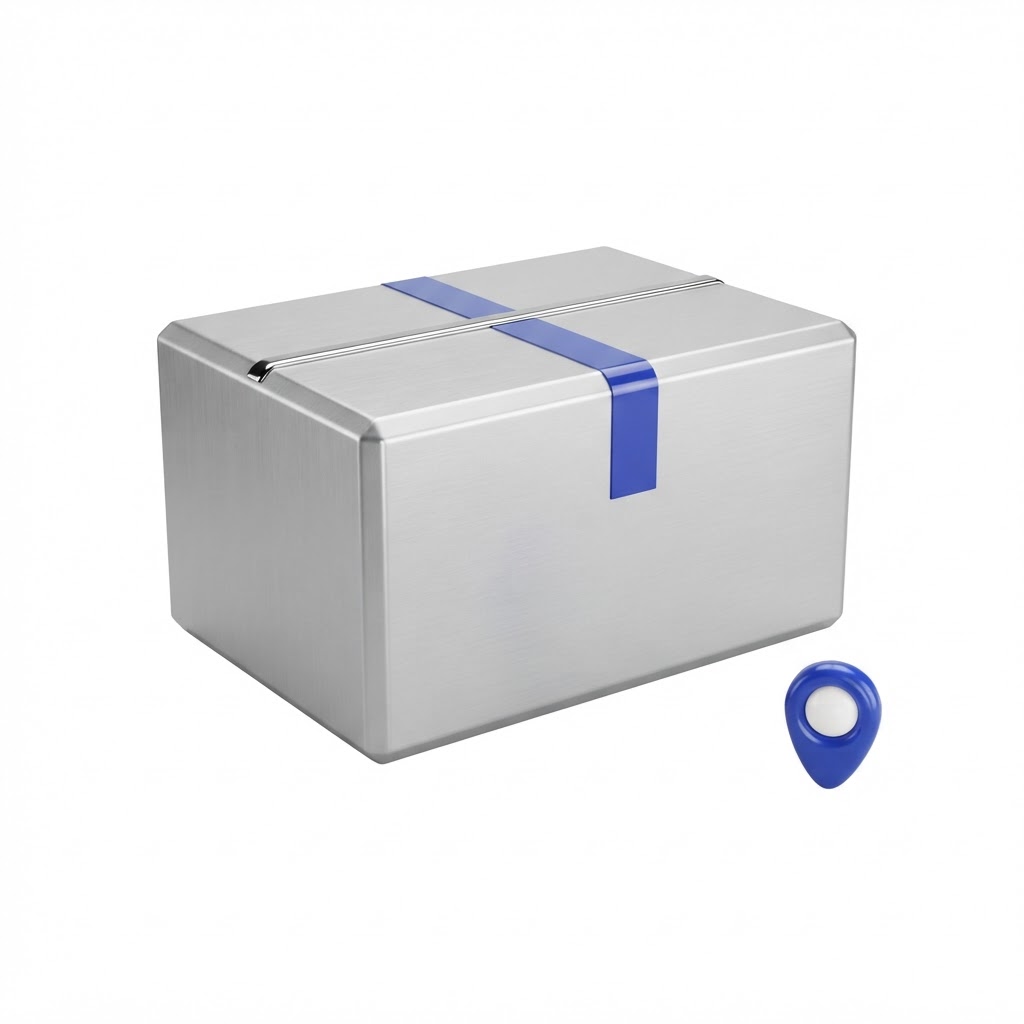 Brushed silver parcel with a glossy location pin