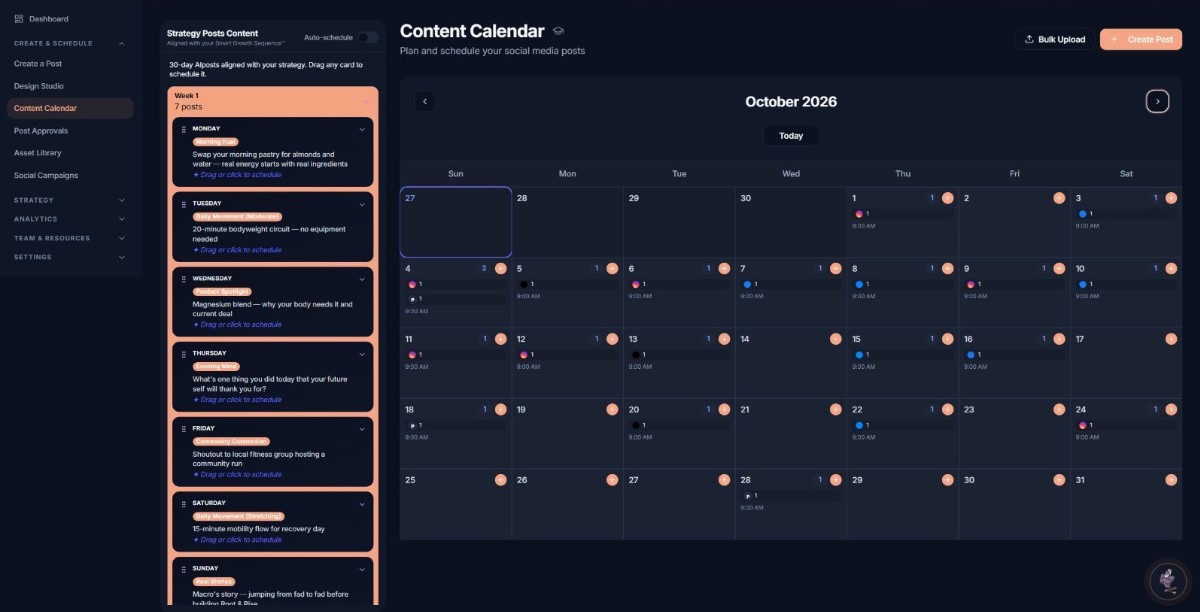 Media Genie Content Calendar showing a monthly publishing schedule