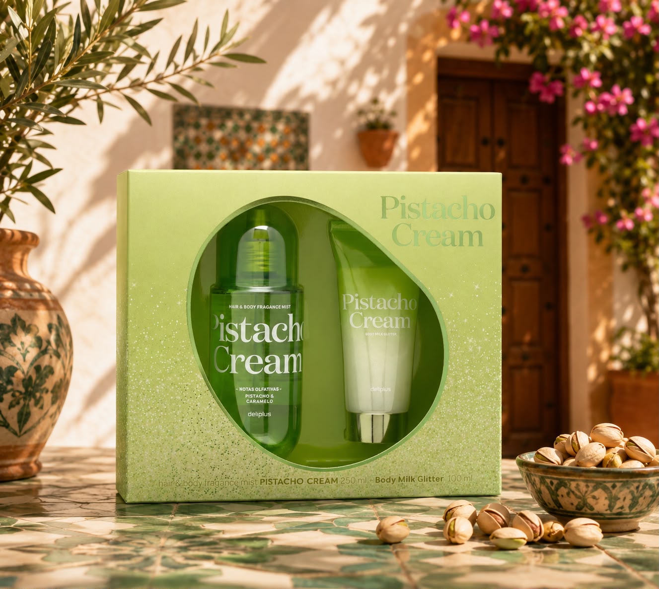 Zestaw damski Pistacho Cream Deliplus – mgiełka do włosów i ciała 250 ml + rozświetlające mleczko do ciała 100 ml